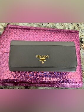 Prada Brown Saffiano Continental Wallet with Gold Logo